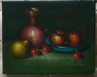 静物画 フルーツバスケット 油絵 キャンバスに描かれたオリジナルの