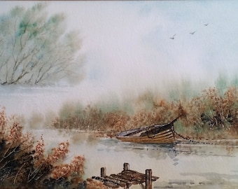 田舎の小川、田園風景、水彩風景、田舎、川の絵画、川の風景、緑の川