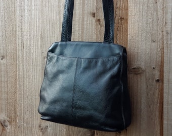 black leather tote shoulder bag, Freddie Oufi English made purse, black leather hobo tote bag, 90s black leather purse