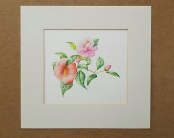 オリジナル椿の水彩画：ピンクとオレンジの花のアート - Etsy 日本