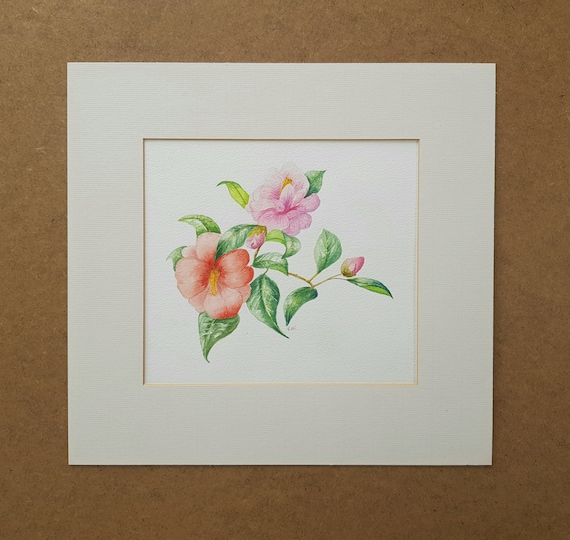 オリジナルの椿の水彩画：ピンクとオレンジの花のアート - Etsy 日本