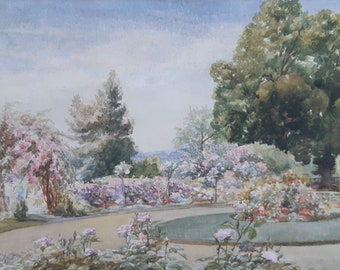 Art Deco Period English Country Garden Watercolour Painting: 1930s Landscape Art