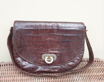 40s / 50s crocodile print leather top handle purse, leather lined satchel bag