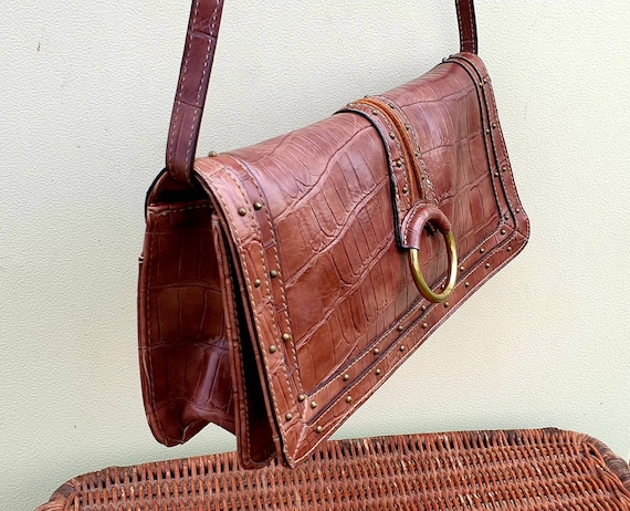 Vintage Nine West Brown Croc Print Leather Shoulder Bag  display picture 1