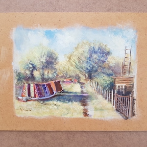 Narrowboat, Canal Boat Grand Union Canal Mooring Original Watercolour/Gouache Painting On Board, Artist A. Vincent, British Canal Locks Art
