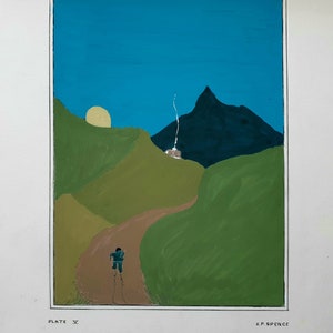 New York, Grand Central School Of Art Illustrazione originale a guazzo, Artista K. Patricia Spence, Paesaggio americano con pittura di figure