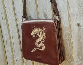Jean Paul Gaultier Brown Leather Dragon Messenger Bag, Vintage Crossbody Satchel Purse