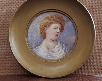 Edwardian Angelic Girl Miniature Portrait Original Watercolour Painting In Original Round Frame