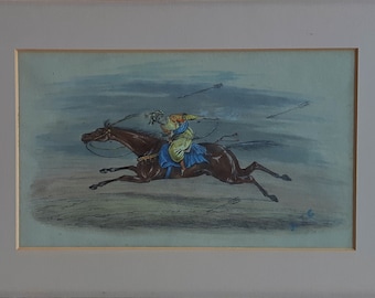 Pintura original en acuarela de un caballo y su jinete huyendo de las flechas enemigas, arte ecuestre en miniatura de la década de 1920.