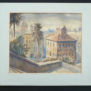May include: Watercolor painting of a European cityscape with buildings, palm trees, and a domed structure in the background. The artwork is framed with a white mat and a black border. The painting has a vintage aesthetic.