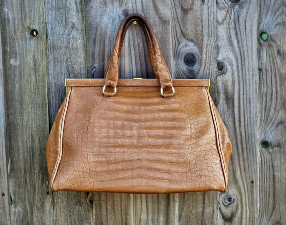 Vintage Tan Croc Print Leather 40s 50s Large Top Handle