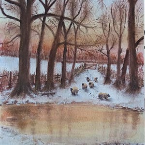 Sheep In An English Winter Snow Landscape Watercolour Signed By The Artist.