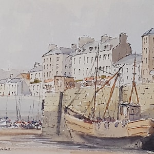 English Watercolour, Boats Moored In Harbour Titled &#39;Harbour Wall&#39; Signed By Artist Tony Willis