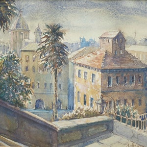 May include: Watercolor painting of a European cityscape with buildings, palm trees, and a domed structure in the background. The buildings are painted in shades of yellow, brown, and blue, with a cloudy sky.