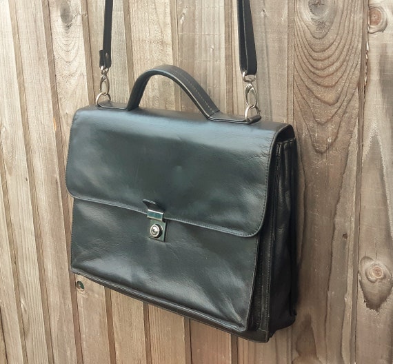 Black leather messenger briefcase, laptop satchel… - image 2