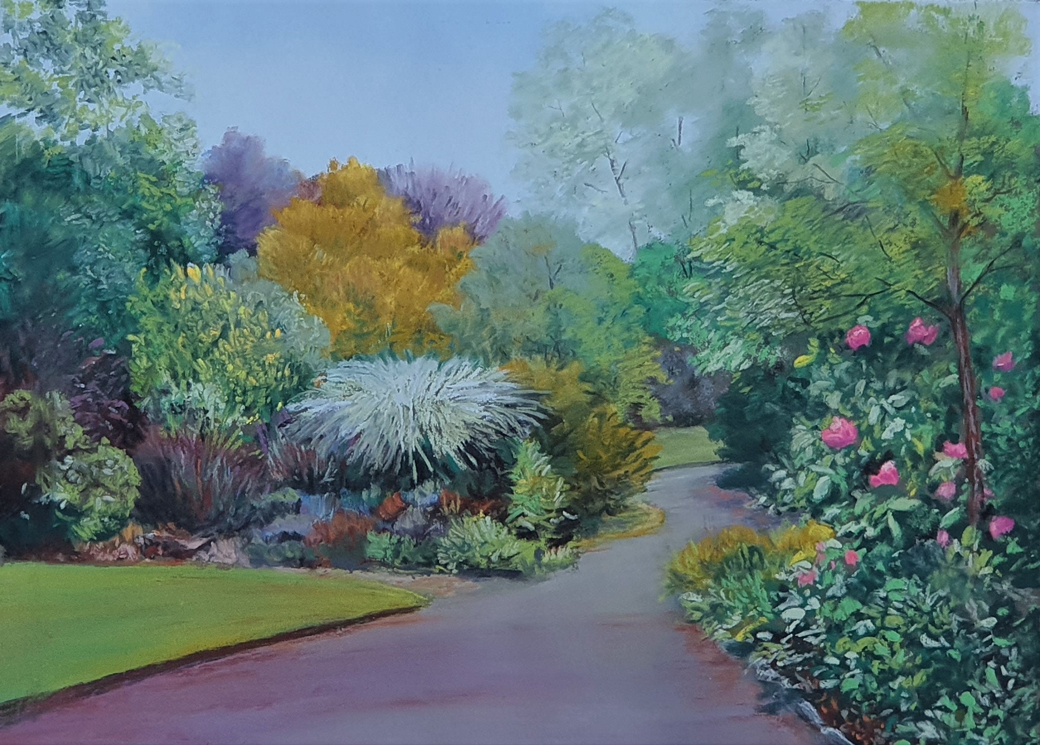 イングリッシュガーデン油彩パステル画：サイン入り風景画（11×9インチ