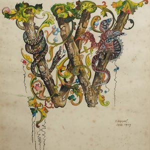 Pintura de acuarela ilustrada de la letra 'W' del alfabeto de fantasía victoriana, pintura de acuarela decorativa con letras de serpiente, pintura de dragón.