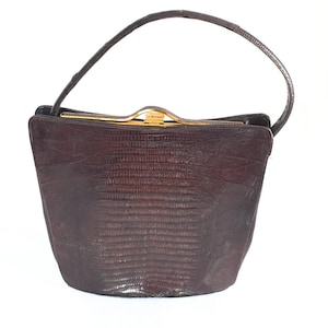 Vintage Sydney California brown leather lizard skin purse. 1940 / 50s top handle handbag