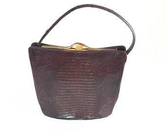 Vintage Sydney California brown leather lizard skin purse. 1940 / 50s top handle handbag