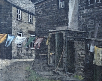 Brighouse, West Yorkshire, England, Original Oil Painting, Back Yard With Washing , Artist Sheila Ball, British