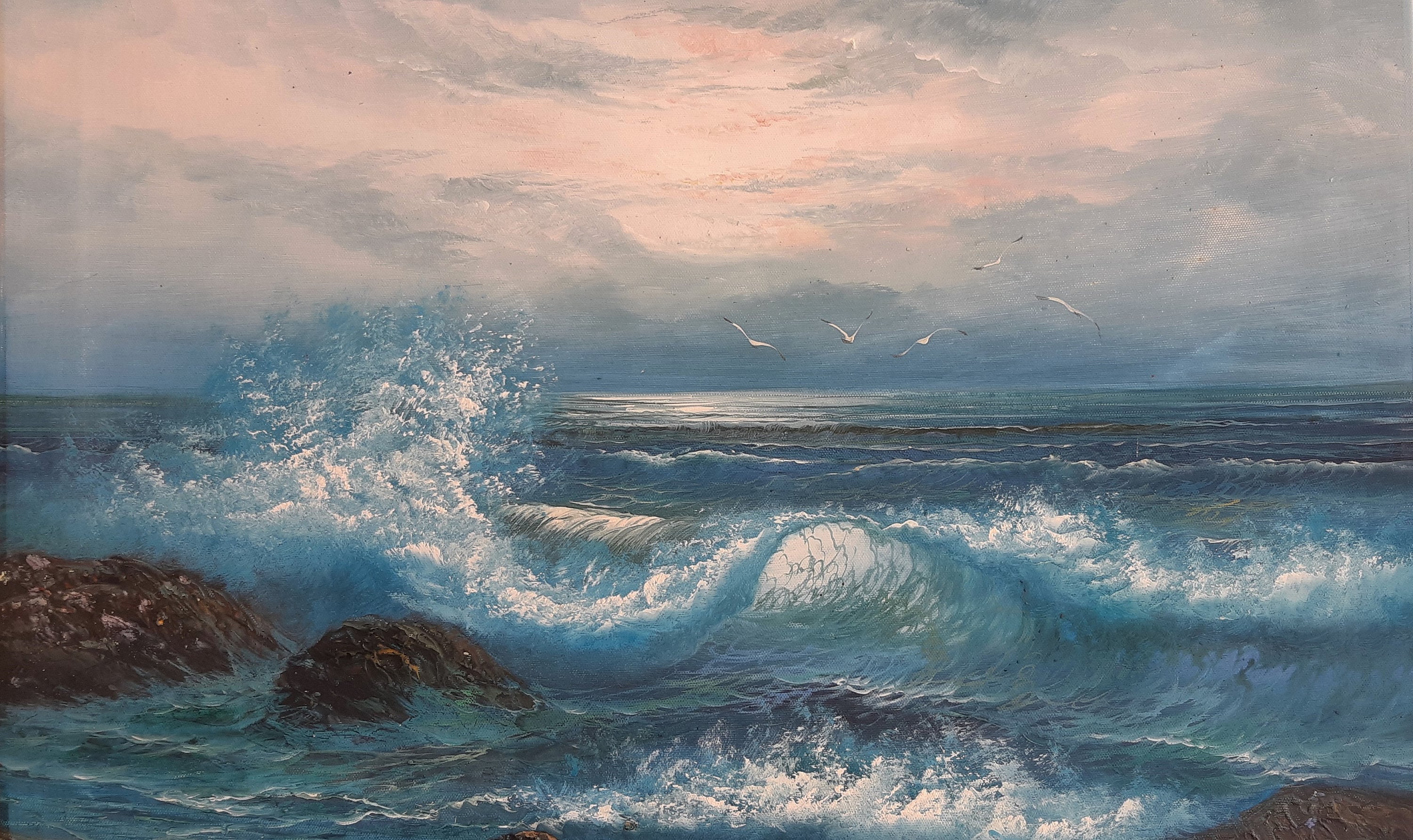 Georg Schubert Moonlit Seascape Original Oil Painting, Breaking
