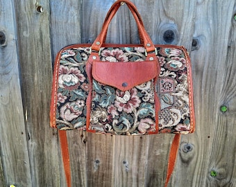 Leather and Tapestry Carpet Bag, Satchel Shoulder, Overnight travel Bag