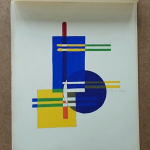 Illustrazione astratta dell'artista K. Patricia Spence, Grand Central School of Art, New York, Gouache originale blu, giallo geometrico