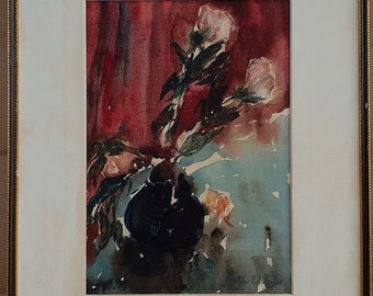 Bodegón de rosas rojas con jarrón azul. Acuarela original del artista E. A. Standley.