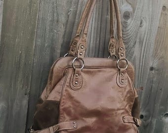 Large Brown Leather and Suede Satchel Shoulder Bag, Structured Hobo Tote Drs Style Bag Y2K, 2000s