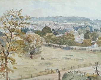 Bath, English Landscape 1950s Original Watercolour Painting Titled 'Bath From The Back Of Pulteney St.'