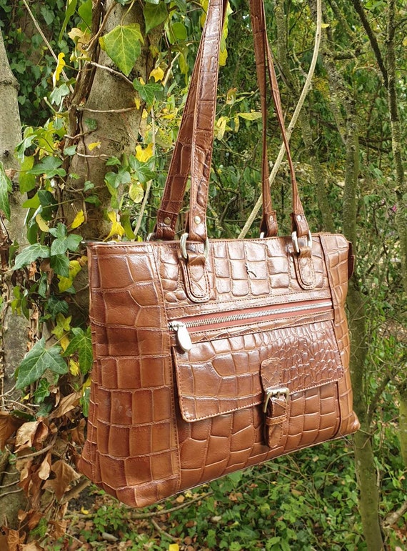Ashwood Brown croc embossed leather tote shoulder bag… Gem