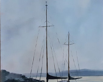 絵画 ヨット停泊 イギリスの河口に停泊するヨットの船上油絵 - Etsy 日本