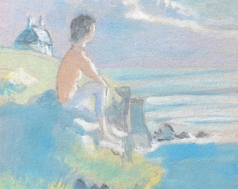 Paisaje costero romántico de mediados de siglo a la luz de la luna, década de 1950. Pintura original en gouache: obra firmada.