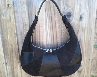 Ècotorie Bleu, rare black suede and leather skin and fur patchwork Hobo Shoulder Bag.