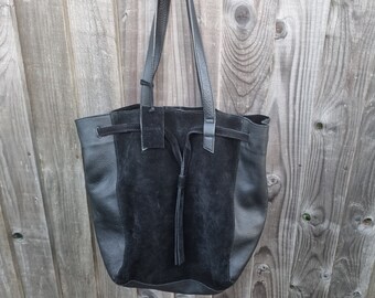 Large Black Suede Leather tote shoulder bag, Leather Drawstring Tote Shopper Purse