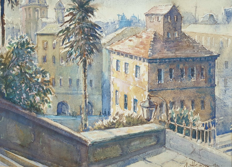 May include: Watercolor painting of a European cityscape with buildings, a palm tree, and a street lamp. The buildings are painted in shades of yellow, brown, and blue. The artwork is signed in the bottom right corner.