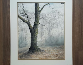 Winter Woodland Oil Pastel Painting: Original Tree Landscape Art by T. Van Ewyk