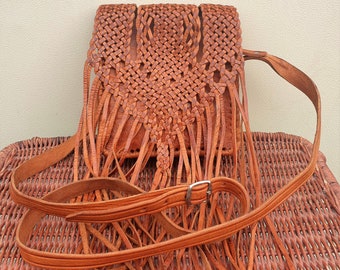 Brown leather woven tassel shoulder bag, Vintage rustic style cross body messenger purse