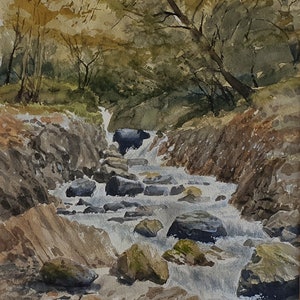 Lakeland Stream, English Original Watercolour Painting, English Landscape, Rushing Water Art, Dramatic Painting, English Woodland River Art.