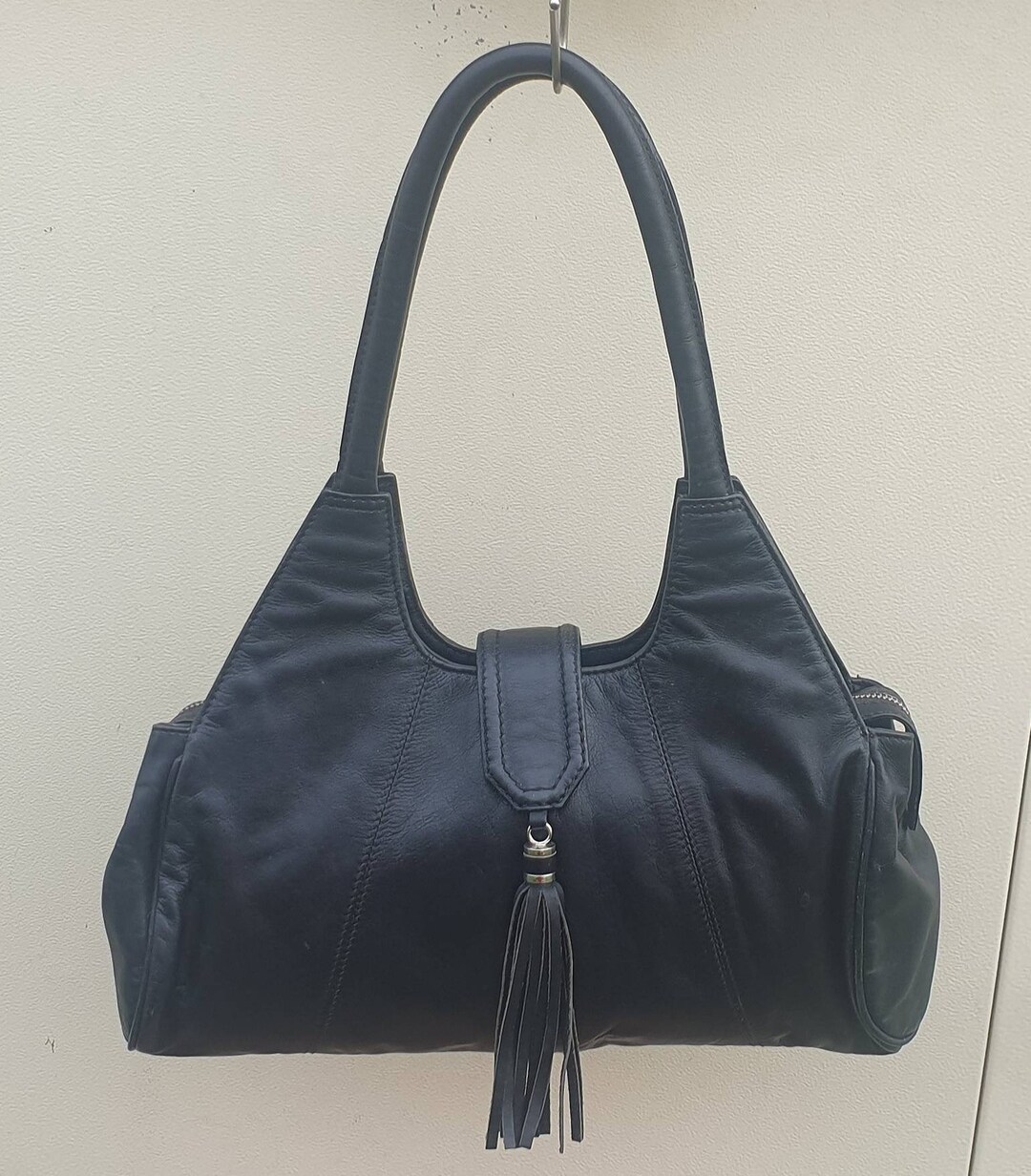 black-leather-hobo-shoulder-bag-vintage-black-tassel-purse-etsy