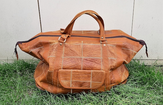 80s Patchwork leather Holdall, caramel brown leath