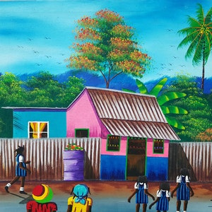 Jamaican Village Scene Oil Painting on Canvas: Signed D. Mcleary, 1998
