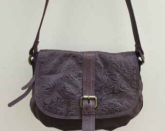 Rowallan brown leather cross body messenger bag, Vintage chocolate brown embossed flower design satchel shoulder purse