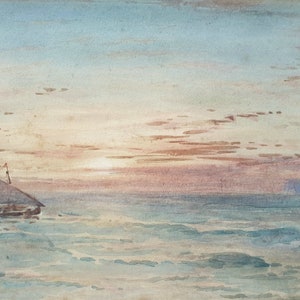 Puede incluir: Una pintura de acuarela de un velero en un mar tranquilo al atardecer. El cielo es de un suave azul y rosa, con nubes tenues. El velero es una silueta oscura contra el cielo claro.
