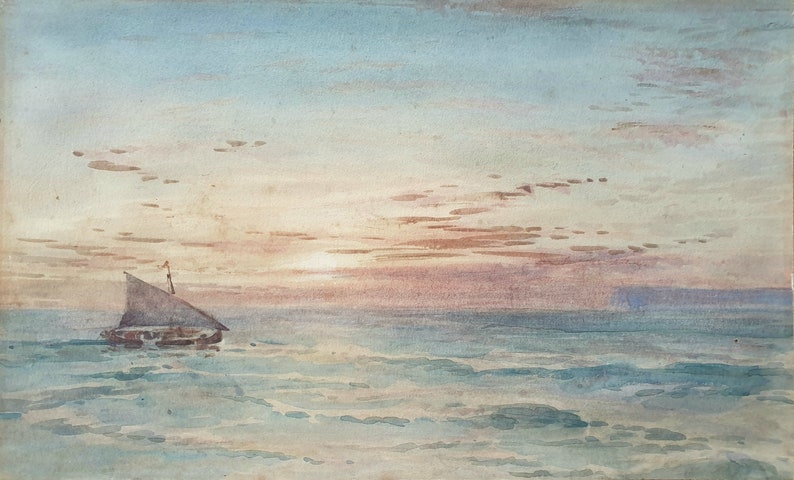 Puede incluir: Una pintura de acuarela de un velero en un mar tranquilo al atardecer. El cielo es de un suave azul y rosa, con nubes tenues. El velero es una silueta oscura contra el cielo claro.