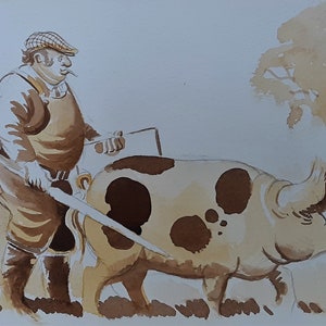 Artista de la naturaleza, Jonathan Yule, ilustración original de dibujos animados, granjero moviendo un cerdo, arte de vida salvaje, humor sobre animales de granja, ilustración de granjeros