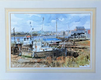 Essex Boatyard, Harbour Original Watercolour Painting, Artist Peter Tomlin, British.