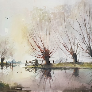 Norfolk Winter Trees, River Landscape Original Watercolour Painting, Norfolk Woodland, Marshland Watercolour, English Watercolour Landscape