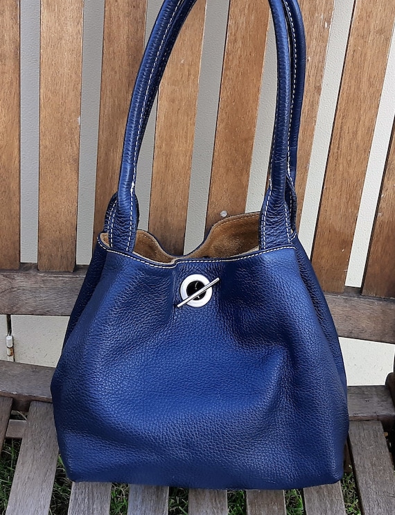 Boxy Tote Bag, Blue leather and brown suede revers