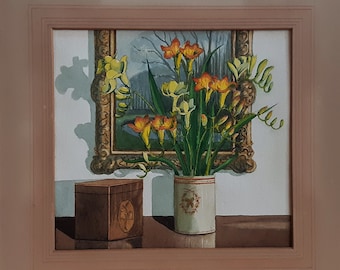 Bodegón floral de fresias, acuarela original vintage firmada.